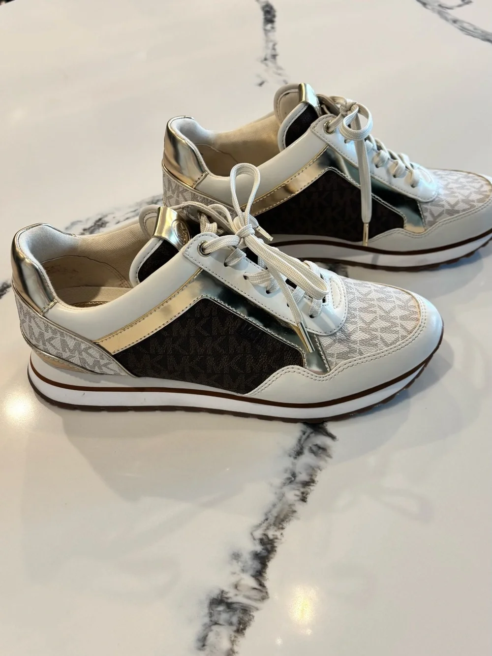 Michael Kors Cream, Brown and Gold Logo Platform Sneaker